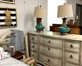 Beautiful large dresser use with or without mirrorblonde wood large reproduction vintage pottery lamps mattress is sold