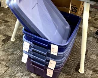 Lots of plastic storage totes in many sizes 