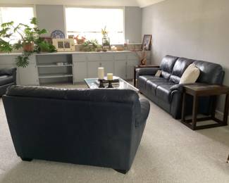 Navy leather sofa and loveseat