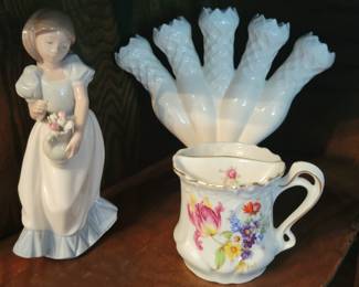 Llardo  NAO Tulip Time, Five Finger Milk Glass Vase and Vintage Mustache Cup