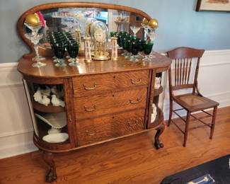Antique Tiger Oak Server with curved glass side cabinets,  beveled mirror and claw feet