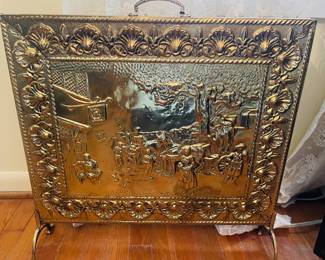 Intricate Brass Relief Fireplace Screen
