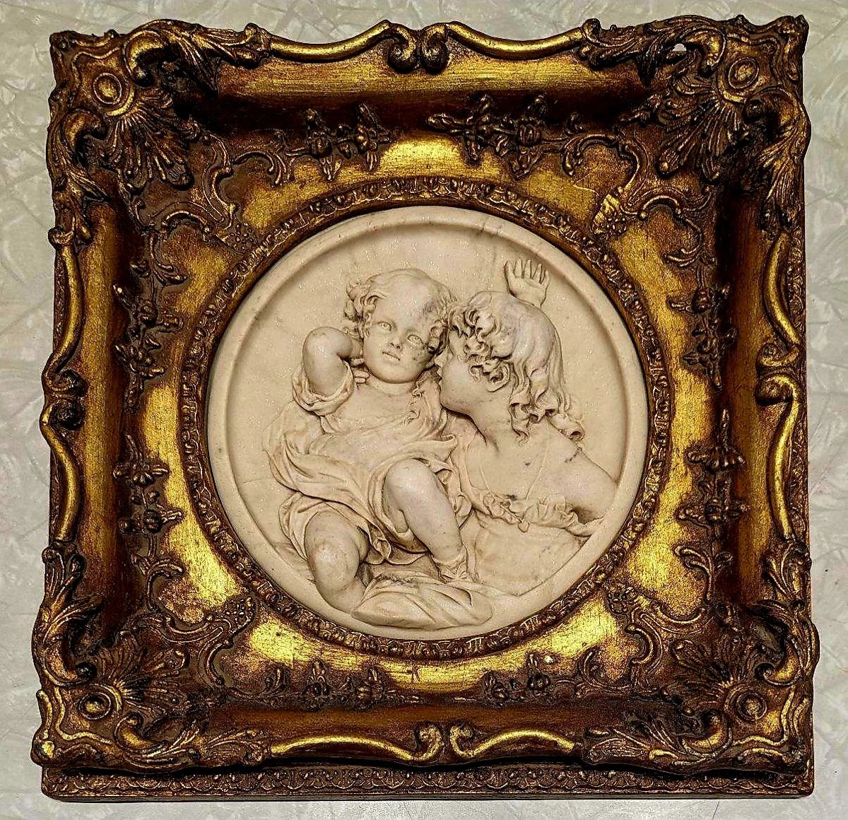 Unbelievable marble relief in Gilt ornate frames of children