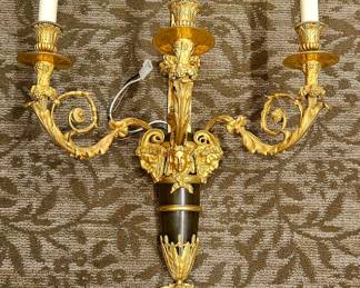 Pair of Louis XVI Gilt bronze and blue steel three light wall sconces 35 in. High each