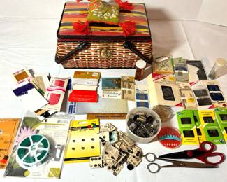 Vintage Sewing Box, Seam Tape, Needles, Snaps, Thimbles, Scissors