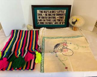 Embroidered Table Cloth, Throw, Collectible Metal Sheep Handmade Signs