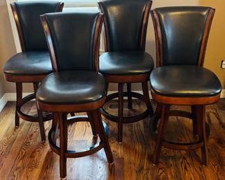 et of Four Stylish Bar Stools - High Back, Leather, Swivel Seats, Solid Wood Frame