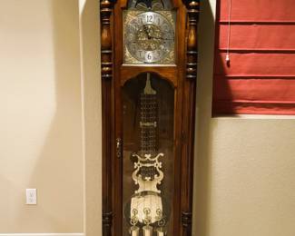 Classic Sligh Grandfather Clock - Ornate Wood Detailing, Moon Phase Dial, and Chimes