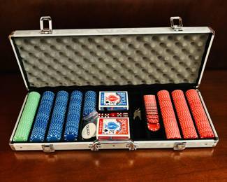 Professional Poker Chip Set in Aluminum Case - Includes Multiple Chip Colors, Decks of Cards and Dice