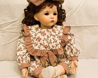 Vintage Porcelain Collectible Doll - Floral Dress with Hat and Lace-up Shoes
