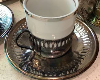 Espresso Demitasse Cups With Removable Silver Plated Holders & Saucers Veracrus De Pedreira Made In Brazil 