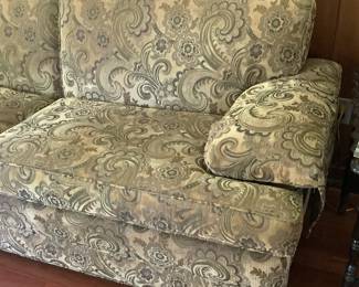 Quality Sofa, Sophisticated Styling In Beige On Beige Swirl Tones, Custom Armcovers,  Upholstered Feet , Mallard's Custom Crafted