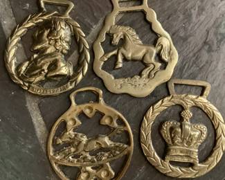 Set Of 4 Brass Horse Bridle Medallions, Horses, Shakespeare, Crown