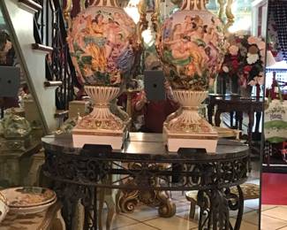 Capodimonte Urns ( SOLD) Iron Console w/ Marble Top