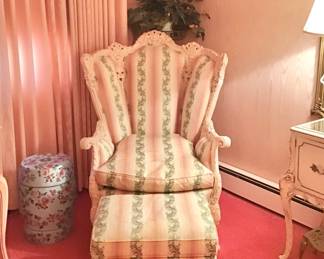 Carved Wing Chair and Ottoman in Pink