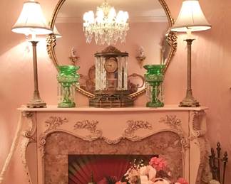 Pink Fireplace Mantle with Marble Insert , Round Gilt Mirror, Pair Czech Green Garnitures