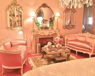Pair of French Style Settees in Pink  Silk Upholstery