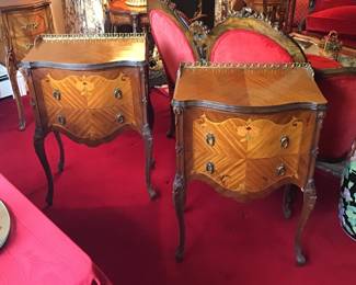 Pair of French Marquetry Stands w/ Brass Gallery