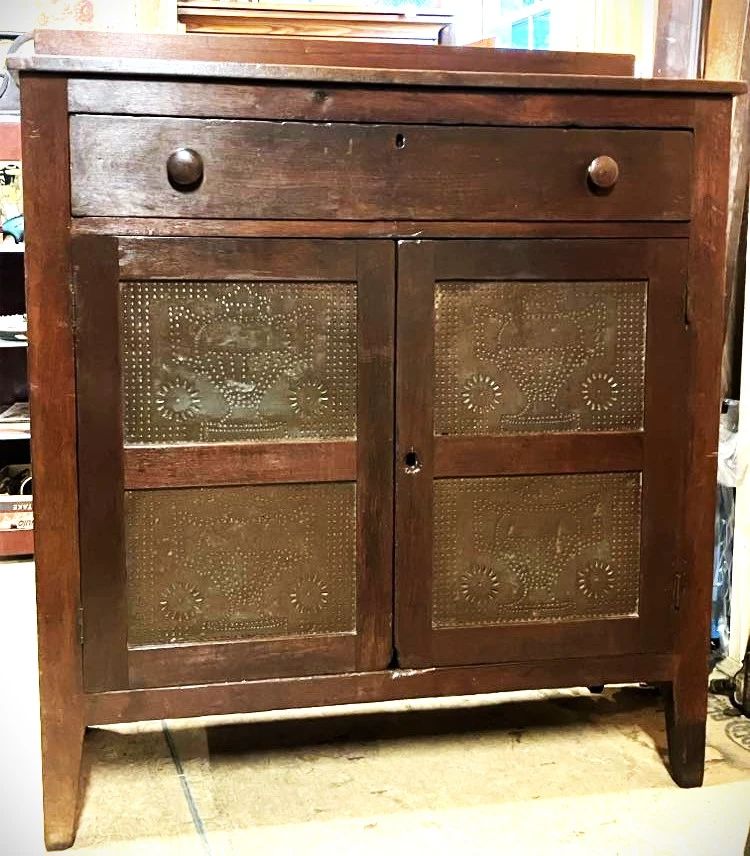 Mid 1800's Handmade walnut Pie Safe w/ 8 Urn Pattern Punched tin panels, found in South Mtn., NC