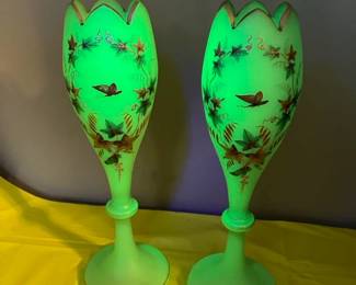Pr. of tall antique HP Art Glass, Uranium glass, nice!