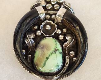 Vtg Navajo Large Silver Green Turquoise Pendant Signed MK