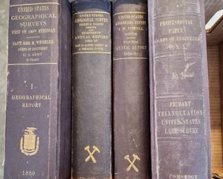 Includes:
1) 1889 US Geographical Surveys West of the 199th Meridian Volume I by GM (George Montague) Wheeler , US Army Corps of Engineers.
2) 1883-1884 US Geological Survey, Fifth Annual Report by JW (John Wesley) Powell
3) 1896-1897 US Geological Survey, 18th Annual Report Part II by CD (Charles Doolittle) Wolcott
4) 1882 Professional Papers, Corps of Engineers USA #24, Report Upon the Primary Triangulation of the United States Lake Survey by Lt. Col. CB (Cyrus Ballou) Comstock.
These books are from the library of James Dyson, the first USGS surveyor and engineer of the Silverton, Colorado area. He used the books in his work.
Other rare Hayden surveys are in Lots 160A, 213A and 110A of this auction. Also, a rare 1889 leather bound copy of "Exploratory Travels" by Zebulon Montgomery Pike is in Lot 38A of this auction.