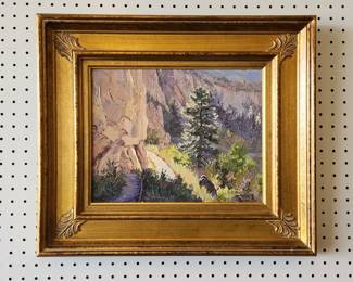 Original oil painting of a canyon in Bandelier National Monument in New Mexico, entitled "Trail in Bandelier", by Wyoming artist Carol Swinney. 11" x 14" in an 18 3/4" x 21 3/4" frame.