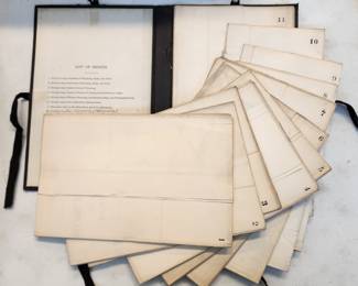 Rare complete 11 map portfolio entitled "Maps and Panoramas Twelfth Annual Report of the United States Geological and Geographical Survey of the Territories, 1878" by FV (Ferdinand Vendeveer) Hayden for the USGS.
Also includes a 1904 Catalogue and Index of the Publications of the Hayden, King, Powell and Wheeler Surveys (water stained).
These books are from the library of James Dyson, the first USGS surveyor and engineer of the Silverton, Colorado area.
Other rare Hayden, Powell, Wheeler, Walcott and Comstock USGS surveys are in Lots 110A, 160A, and 70A of this auction. Also, a rare 1889 leather bound copy of "Exploratory Travels" by Zebulon Montgomery Pike is in Lot 38A of this auction.