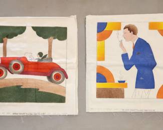 Two Art Deco color printed 14" x 14" patterns on 18" x 18" muslin squares with batting, never stitched. Woman in a roadster is stamped JBK Company #591 sport pillow. Man smoking is stamped JBK Company #595 sport pillow.