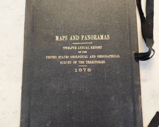 Rare complete 11 map portfolio entitled "Maps and Panoramas Twelfth Annual Report of the United States Geological and Geographical Survey of the Territories, 1878" by FV (Ferdinand Vendeveer) Hayden for the USGS.
Also includes a 1904 Catalogue and Index of the Publications of the Hayden, King, Powell and Wheeler Surveys (water stained).
These books are from the library of James Dyson, the first USGS surveyor and engineer of the Silverton, Colorado area.
Other rare Hayden, Powell, Wheeler, Walcott and Comstock USGS surveys are in Lots 110A, 160A, and 70A of this auction. Also, a rare 1889 leather bound copy of "Exploratory Travels" by Zebulon Montgomery Pike is in Lot 38A of this auction.