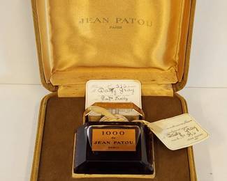Sealed JEAN PATOU 1000 Perfume in Box 30 ML. Large bottle of Jean Patou perfume from France, sealed and unopened in its original velvet presentation box. The box measures 6" x 6" x 2 1/4". Perfume bottle measures 3 1/4" x 3".