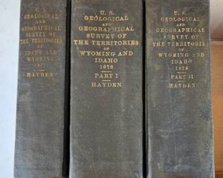 The 1877 through 1978 (Part 1 & 2) US Geological & Geographical Survey of the Territories of Wyoming and Idaho by FV (Ferdinand Vendeveer) Hayden. These books are from the library of James Dyson, the first USGS surveyor and engineer of the Silverton, Colorado area. He used the books in his work, and there are occasional notations in the books. Some of the maps have been cut away the book but are loose inside the book.
Other rare Hayden, Powell, Wheeler, Walcott and Comstock USGS surveys are in Lots 110A, 213A and 70A of this auction. Also, a rare 1889 leather bound copy of "Exploratory Travels" by Zebulon Montgomery Pike is in Lot 38A of this auction.