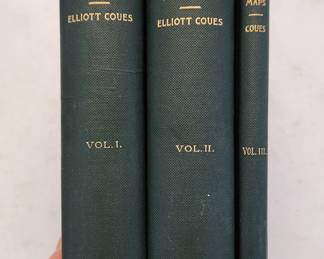 Three volume set of books entitled "The Expeditions of Zebulon Montgomery Pike" by Elliott Coues. Complete with map in the back pocket. Printed on fine book paper in a limited edition of 1150. This set is #646 of 1150.
This book is from the library of James Dyson, the first USGS surveyor and engiineer of the Silverton, Colorado area.
A rare 1889 leather bound copy of "Exploratory Travels" by Zebulon Montgomery Pike is in Lot 38A of this auction. Also, rare Hayden, Powell, Wheeler, Walcott and Comstock USGS surveys are in Lots 110A, 160A, 213A and 70A of this auction.