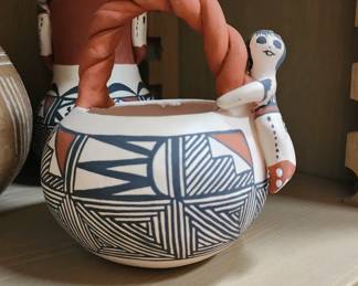 Acoma Pueblo Native American Indian Pottery with Storyteller on Hand Coiled Handle ~Katherine Lewis