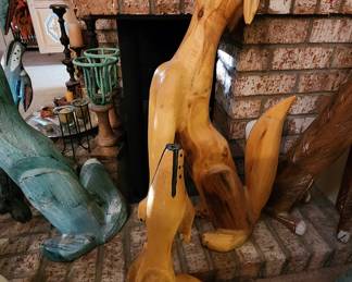 Santa Fe Folk Art Howling Coyote Original Natural  Wood Carving Signed By Pete Ortega Tail Down 22" & 34"