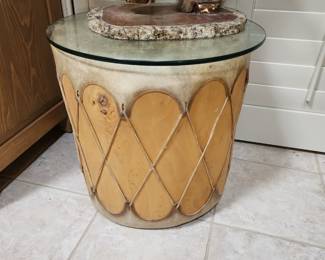 Large Rawhide Drum Table With Glass Top