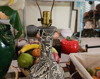 Native American Hand Painted Black And White Art Pottery Lamp