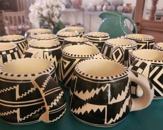  JW McElmo Black & White Pottery Coffee Mugs Santa Fe Southwestern Design