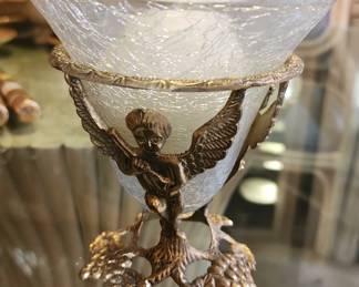 Vintage Brass Angel Candle Holder with Crackle Glass Bowl