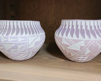 2 Acoma Hand Carved Lg Vase Bowl New Mexico Pueblo