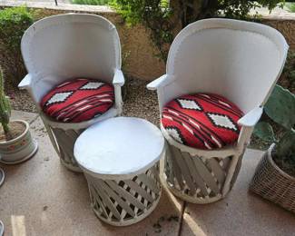Pair Mexican Boho Equipale Peacock Chairs with side table