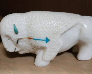 Zuni White Marble Buffalo Bison With Heartline and Horns