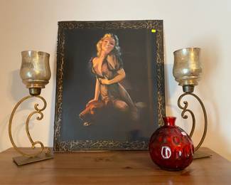 Fun old pin-up picture with decorative candle holders