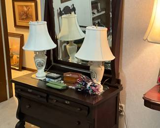 Bedroom - antique low bottom chest with framed mirror - lamps & miscellaneous 