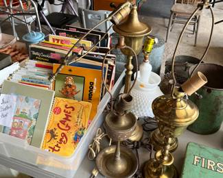 Children’s books; brass table lamps.