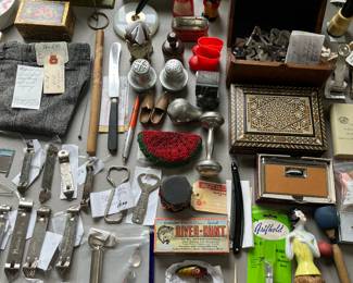 Hundreds of “smalls” (small collectibles), including vintage bottle openers, fishing lures, sewing machine accessories, coin banks, and much more.