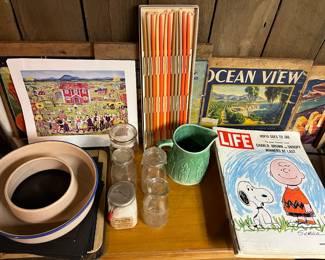 Panels for vintage wood advertising crates (rear in photo); vintage dairy jars/jugs; vintage magazines.