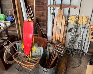Vintage toys, “Flexible Flyer” sled, and yard & garden tools/accessories.