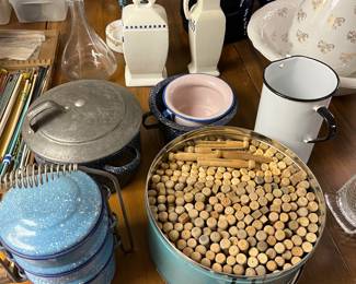 Vintage metalware, pottery, and glassware throughout the sale.