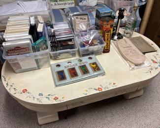 Vintage coffee table with pull-out drawer, hand-painted.